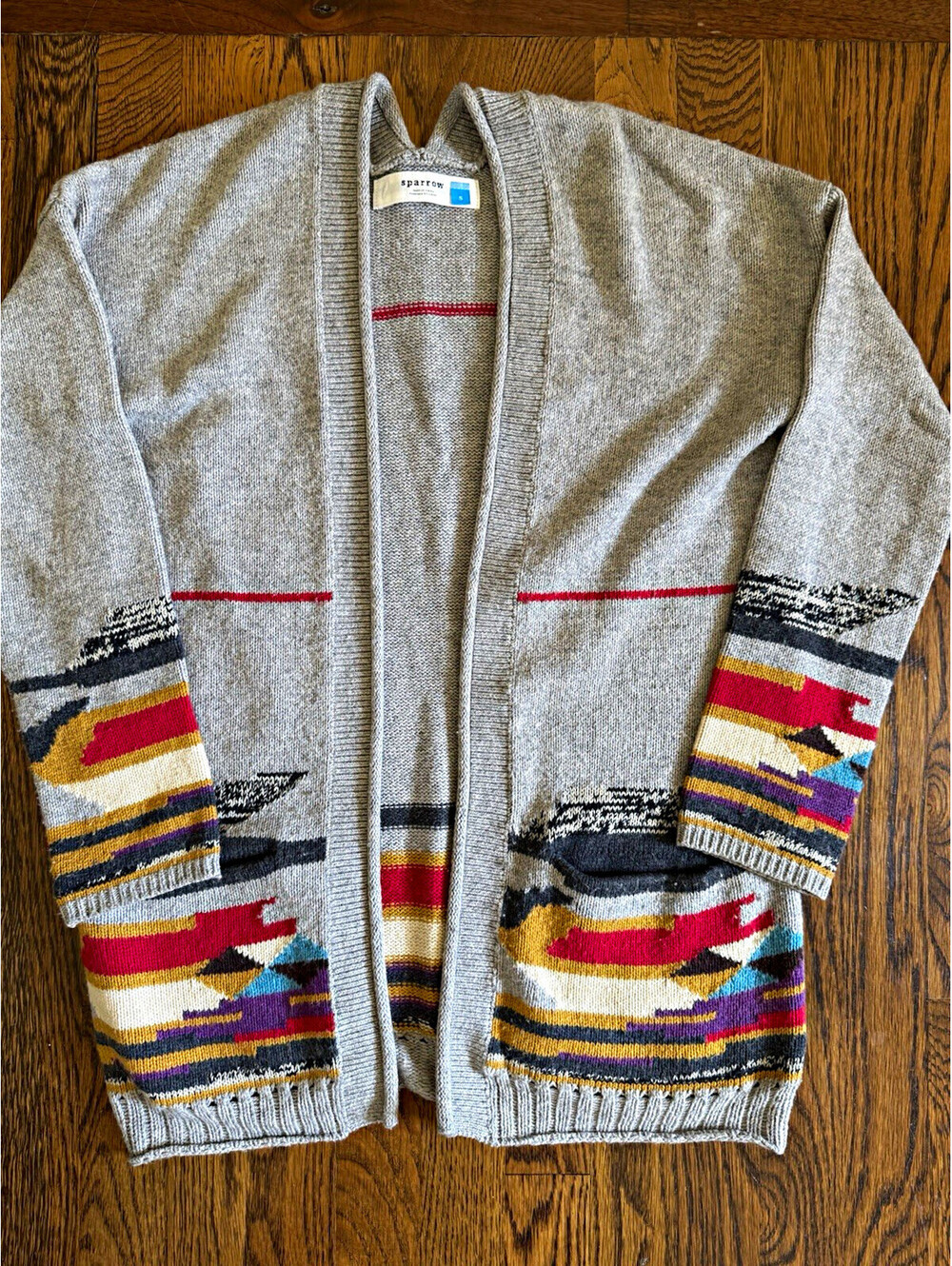 Sparrow Gray Multicolor Geometric Knit Open Front Pocket Cardigan Sweater S